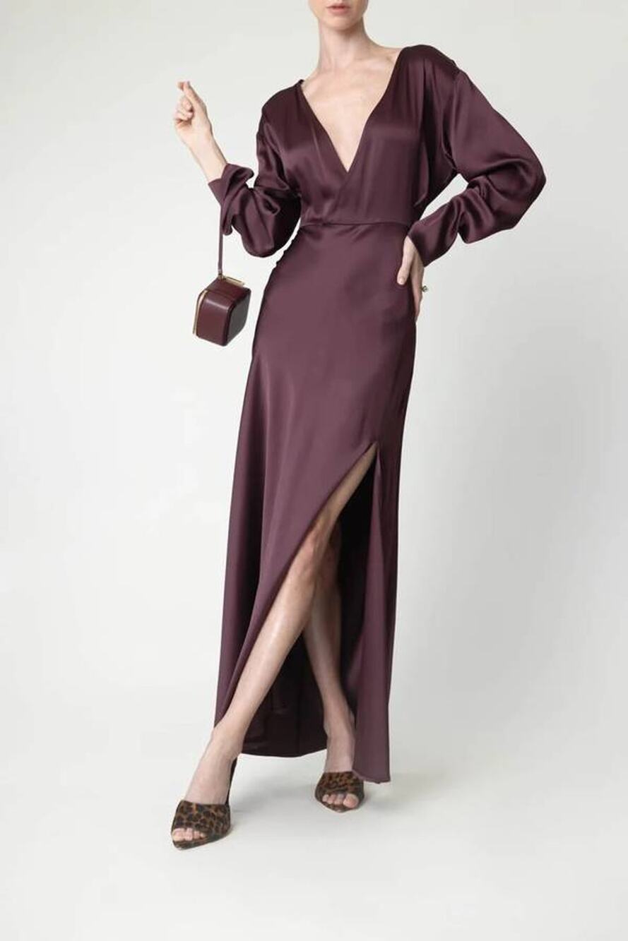 LAPOINTE Satin V Neck Long Dress in Mulberry 12